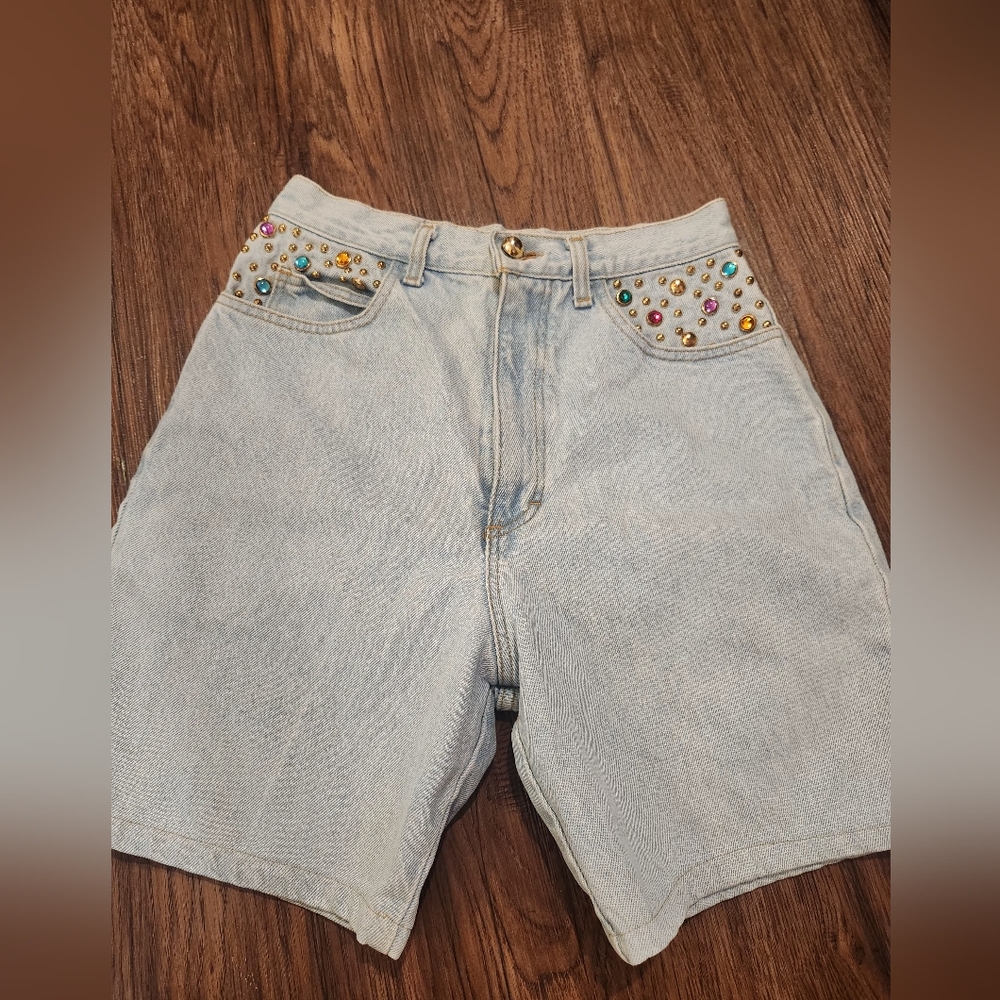 Vintage Jeweled Light Wash Denim Shorts with Multicolor Stud Details